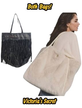NWT Large Faux Fur Tote Bag + Faux Leather Fringe Tote By Victoria's Secret